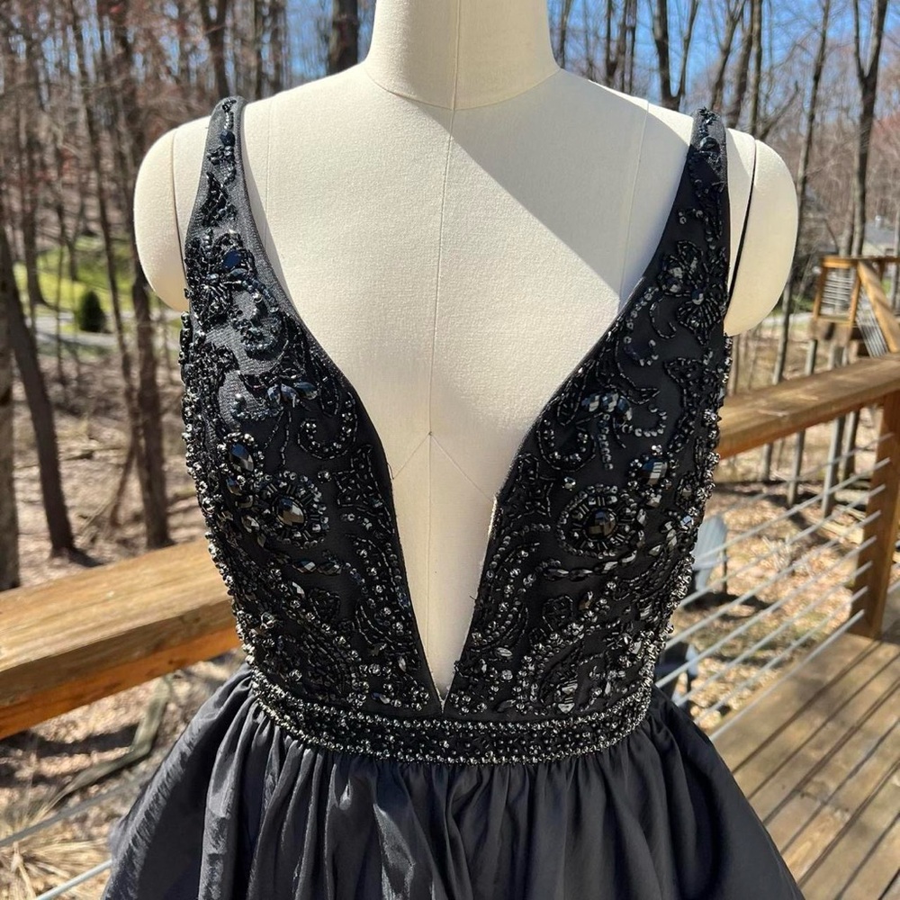 Sherri Hill Black Beaded Ruffle Tiered Prom Dress - Picture 4 of 9